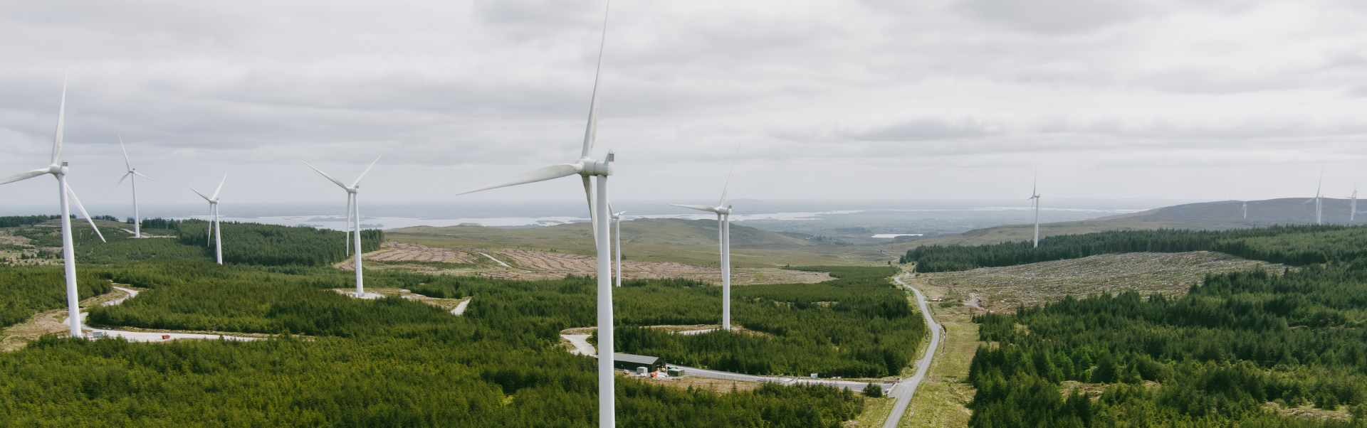 Parque eólico terrestre con caminos de acceso visibles para optimización de operación y mantenimiento (O&M)