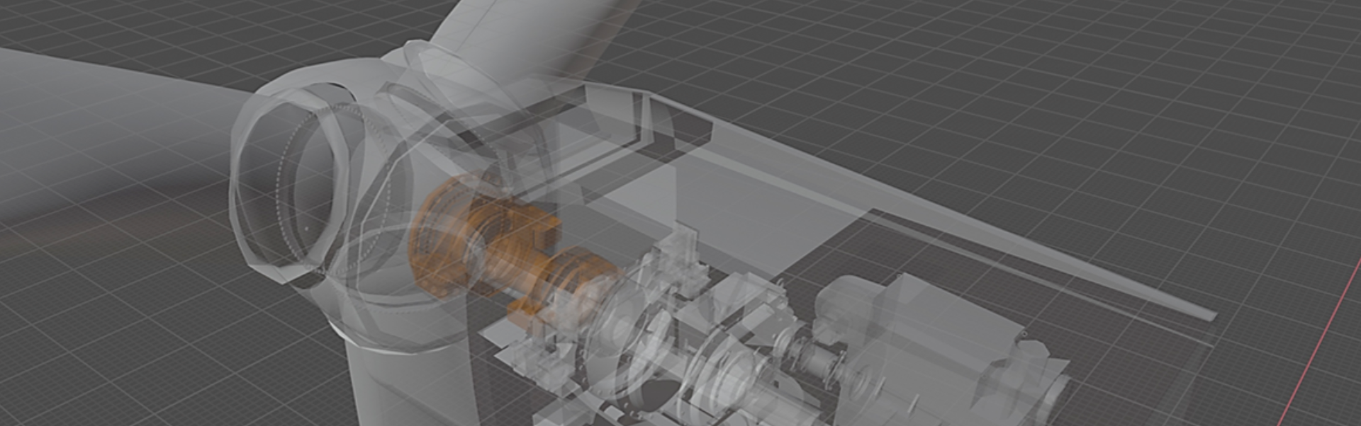 Transparent 3D model of a wind turbine nacelle showing internal components for structural analysis and load assessment